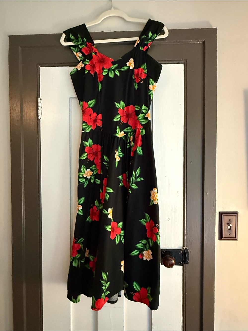 Black Floral Midi Dress with Red & Yellow Blooms